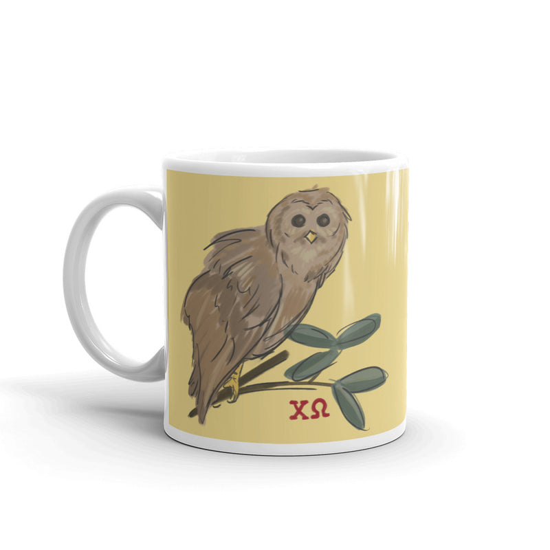 Chi Omega Owl Mug in 11 oz size with owl design on front with handle on left