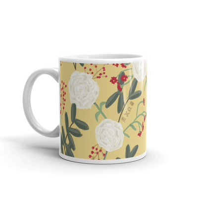 Chi Omega Floral Print Straw Glossy Mug in 11 oz size with handle on left