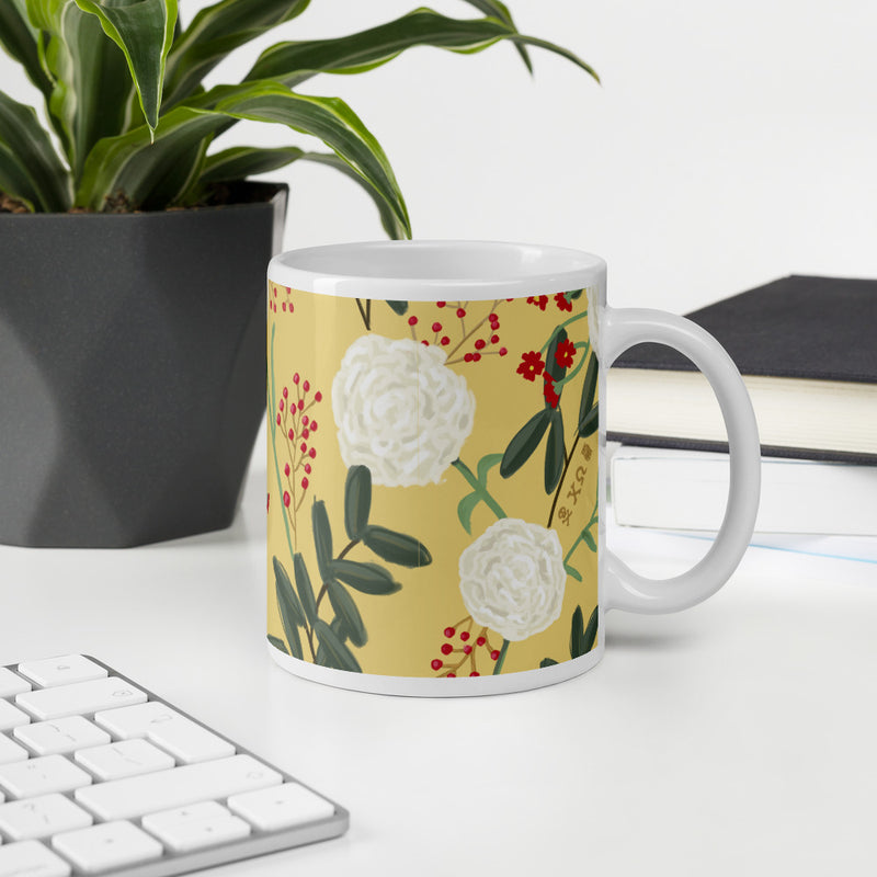 Chi Omega Floral Print Straw Glossy Mug in 11 oz size in office