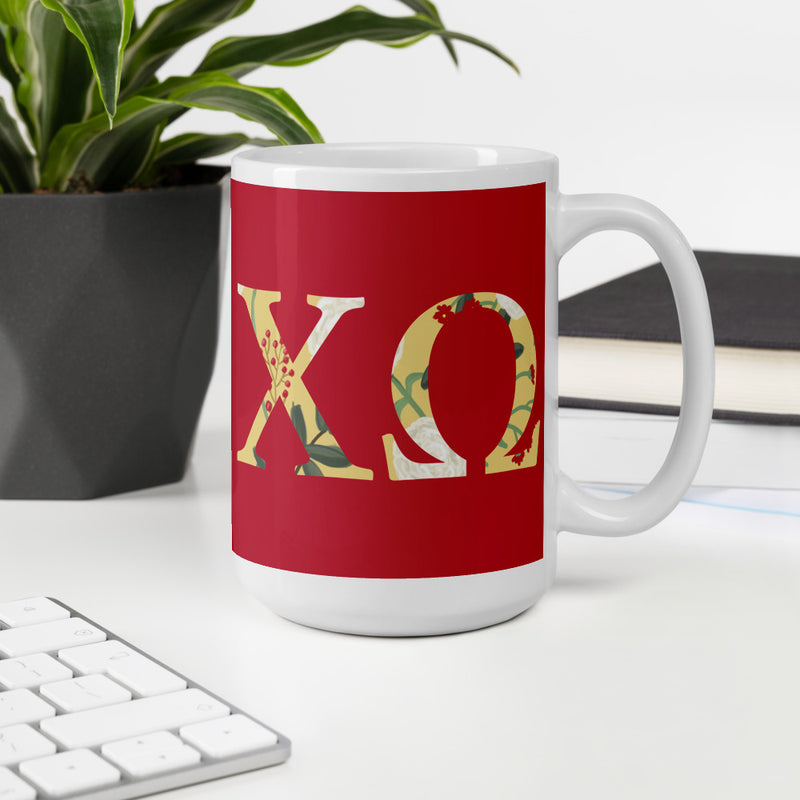 Chi Omega Sorority Letters Mug shown in office setting in 15 oz size 