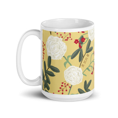Chi Omega Floral Print Straw Glossy Mug in 15 oz size with handle on left