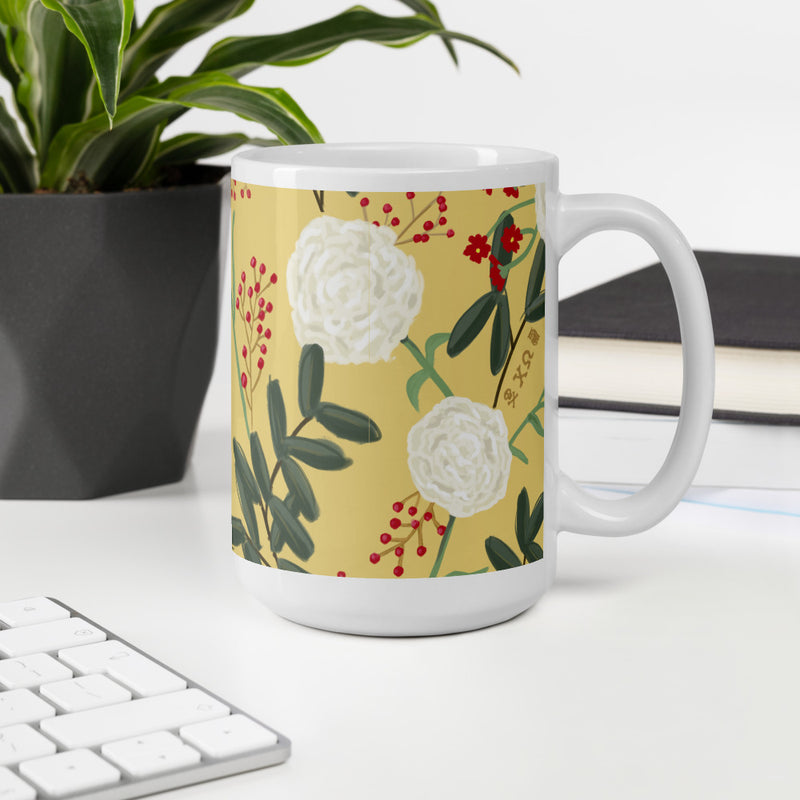 Chi Omega Floral Print Straw Glossy Mug in 15 oz size in office