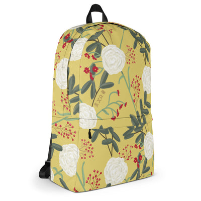 Chi Omega White Carnation Floral Print Backpack shown in side view