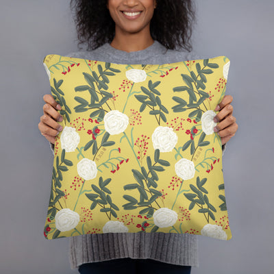 Chi Omega Owl Mascot Pillow showing floral print on back in model's hands