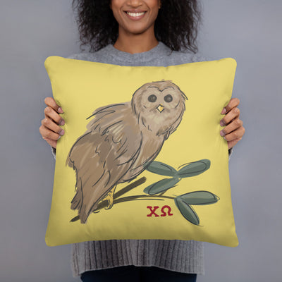 Chi Omega Owl Mascot Pillow held in model's hands