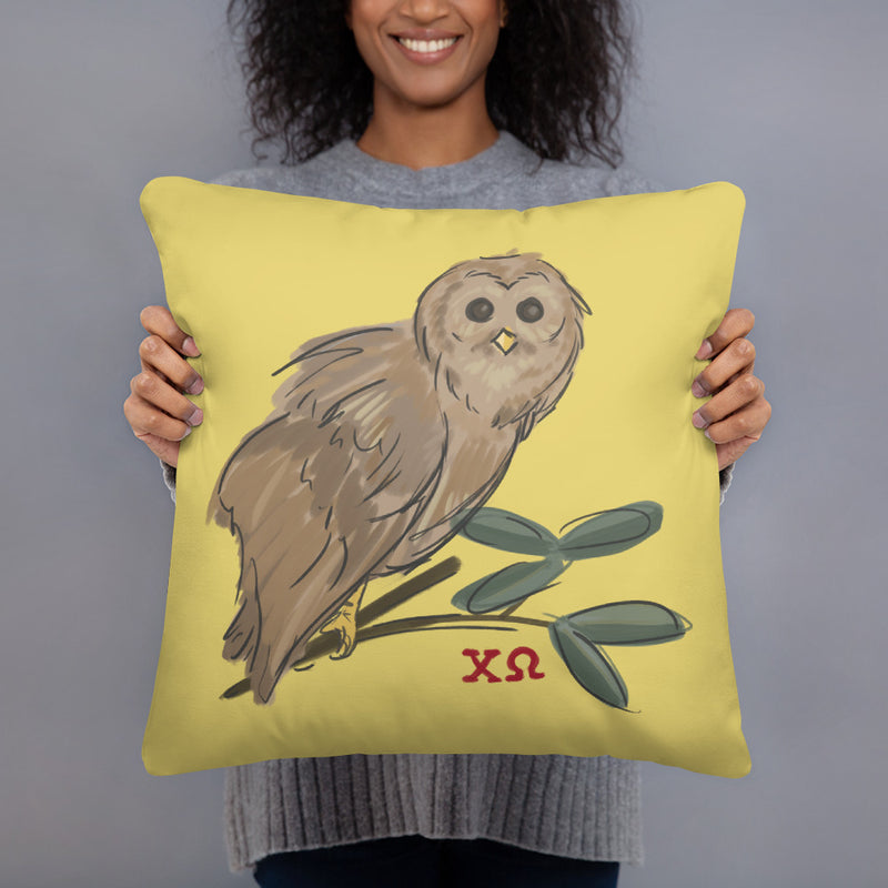 Chi Omega Owl Mascot Pillow held in model&