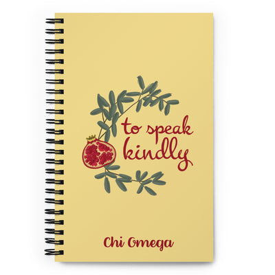 Chi Omega Sorority Notebook with To Speak Kindly phrase on front cover