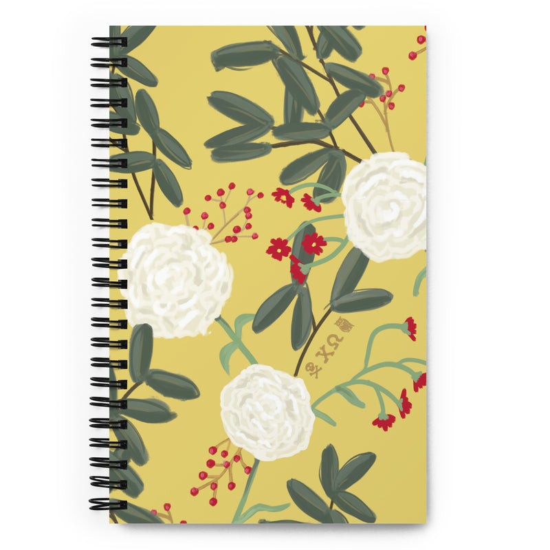 Chi Omega White Carnation Floral Print Spiral Notebook showing front cover