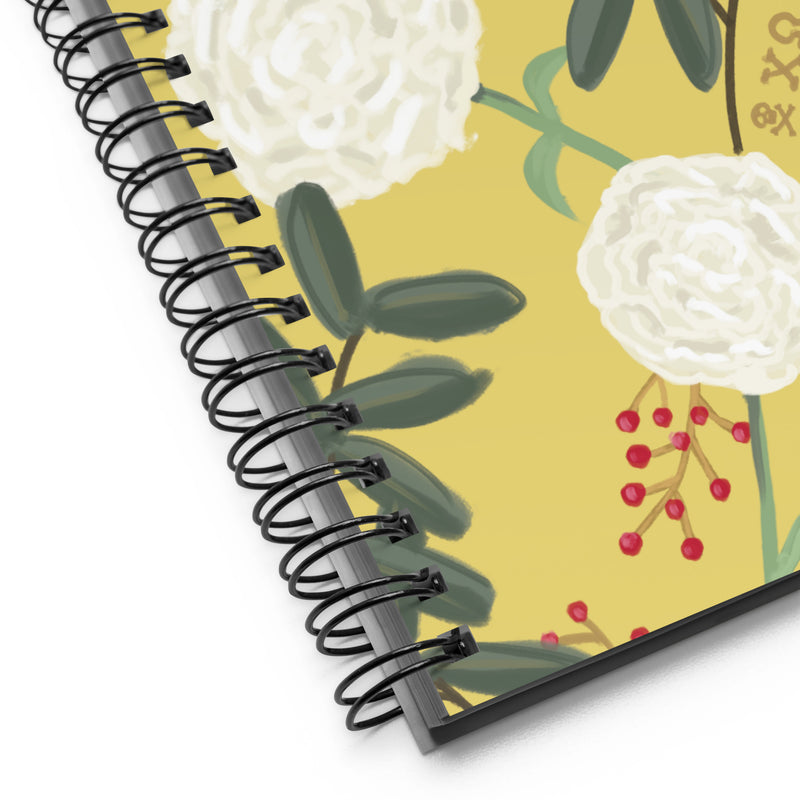 Chi Omega White Carnation Floral Print Spiral Notebook showing product detail