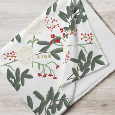 Chi Omega White Carnation Floral Print Throw Blanket in fresh white showing white back