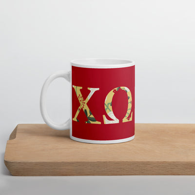 Chi Omega Greek Letters Cardinal Glossy Mug on shelf