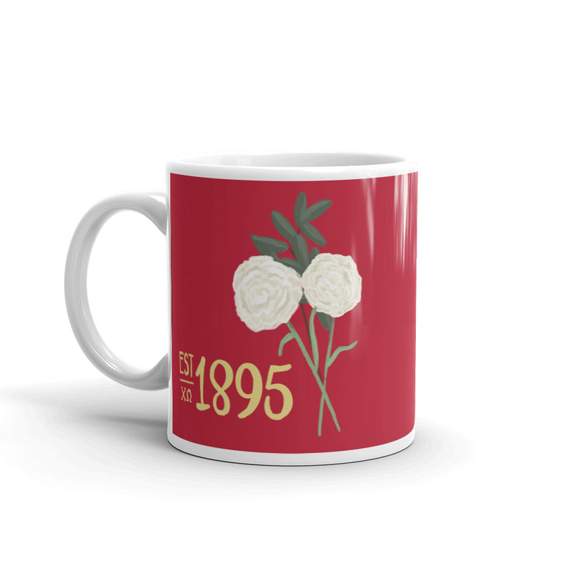 Chi Omega 1895 Founding Date Red Glossy Mug in 11 oz size with handle on left