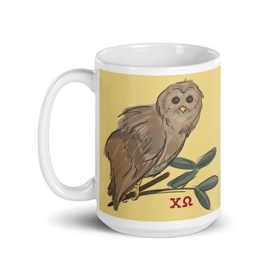Front of Chi Omega 15 oz owl mug.