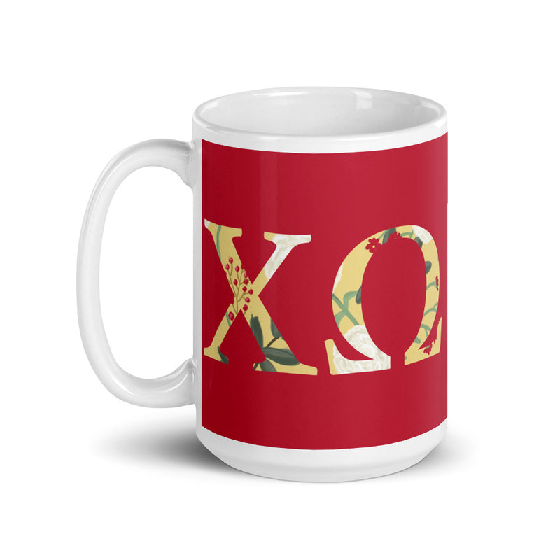 Chi Omega Greek Letters Cardinal Glossy Mug in 15 oz size with handle on left