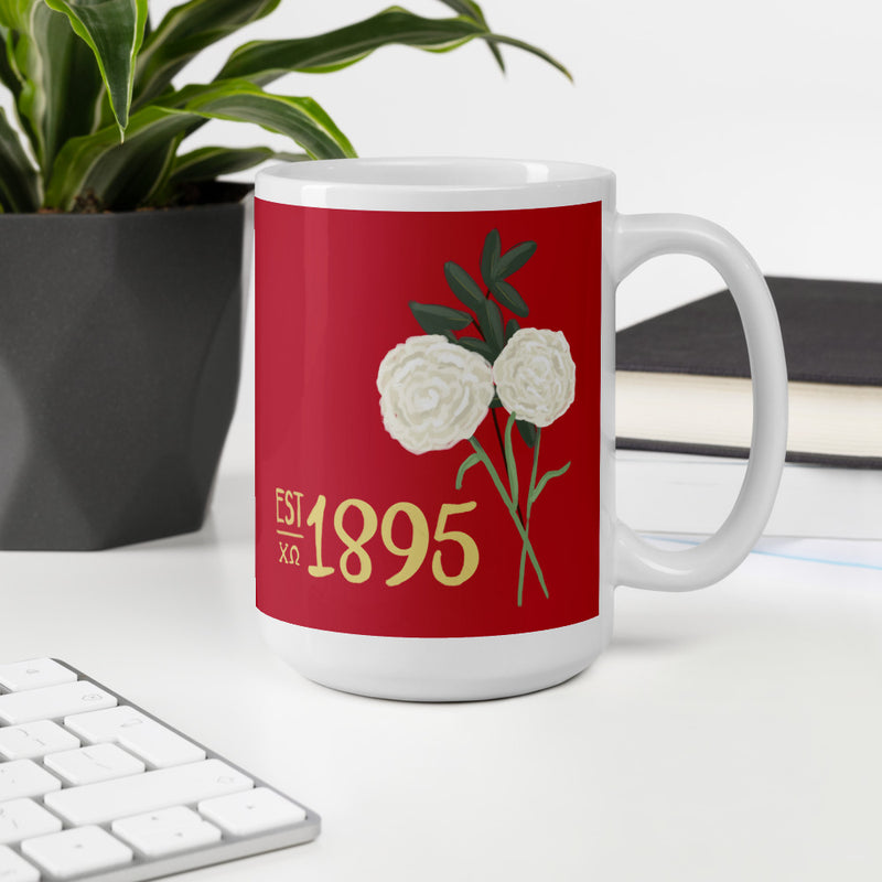 Chi Omega 1895 Founding Date Red Glossy Mug in 15 oz size in office