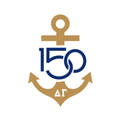 Delta Gamma 150th Anniv Navy Bronze logo in close up view