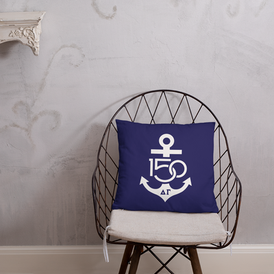 Delta Gamma Navy White 150th Anniv Two-Sided Pillow shown on chair