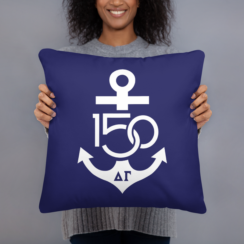 Delta Gamma Navy White 150th Anniv Two-Sided Pillow shown in woman&