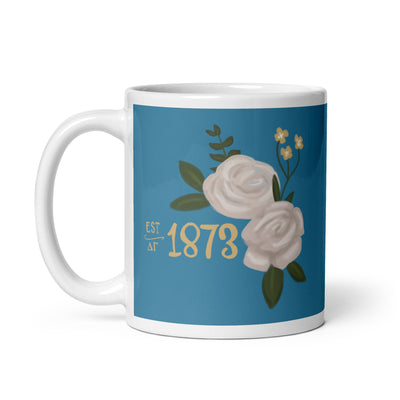Delta Gamma 1873 Founding Year Blue Glossy Mug shown with handle on left