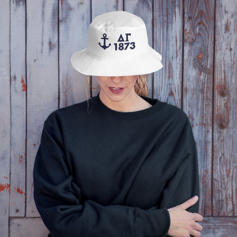 Delta Gamma 1873 Anchor Embroidered Bucket Hat shown on young woman