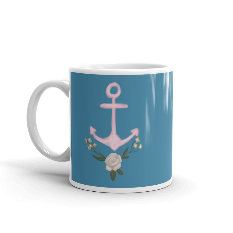 Delta Gamma Pink Anchor Blue Glossy Mug shown with handle on left