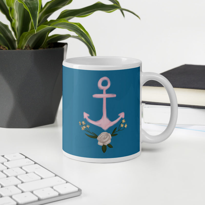 Delta Gamma Pink Anchor Blue Glossy Mug shown in office