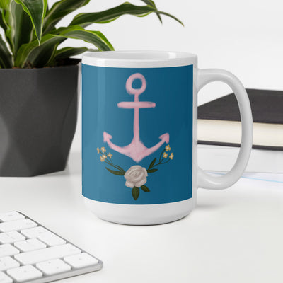 Delta Gamma Pink Anchor Blue Glossy Mug in 15 oz size shown in office