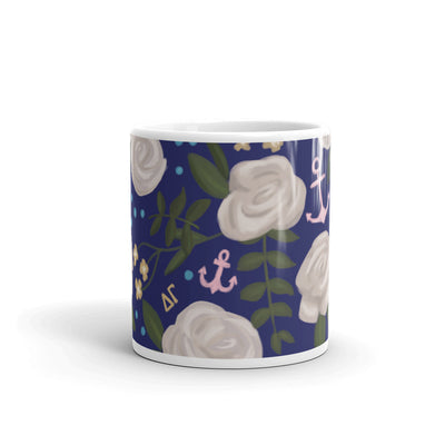 Delta Gamma Floral Print Navy Blue Glossy Mug showing print wrapping around mug