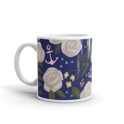 Delta Gamma Floral Print Navy Blue Glossy Mug showing 11 oz size with handle on left