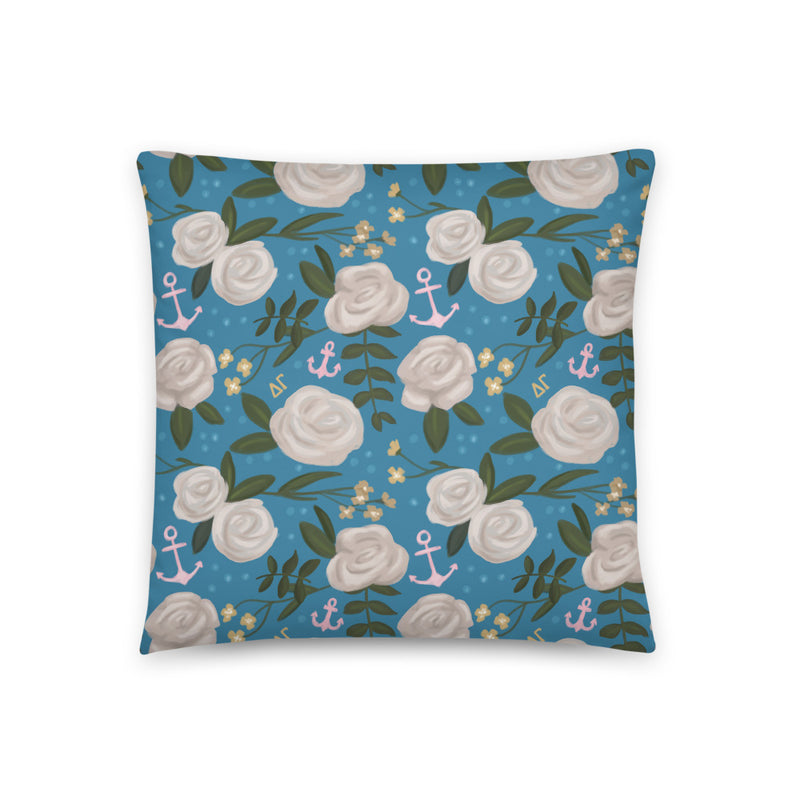 Delta Gamma Greek Letters Pillow showing floral print on back in full view