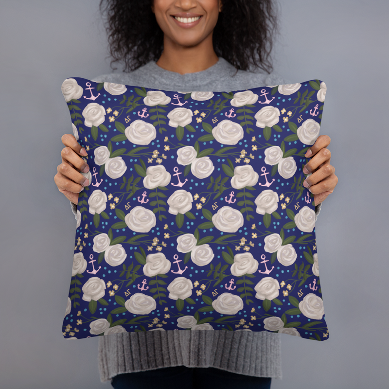 Delta Gamma Navy White 150th Anniv Reversible Pillow showing floral print on back