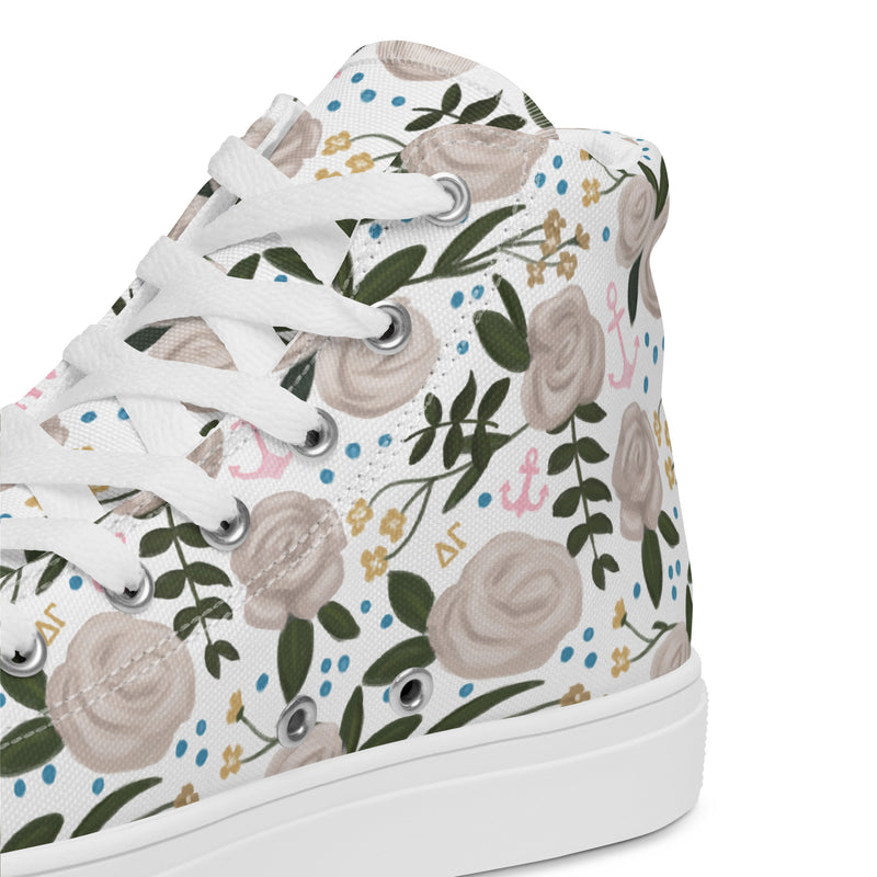 Delta Gamma Rose Floral Canvas High Tops, White shown close up