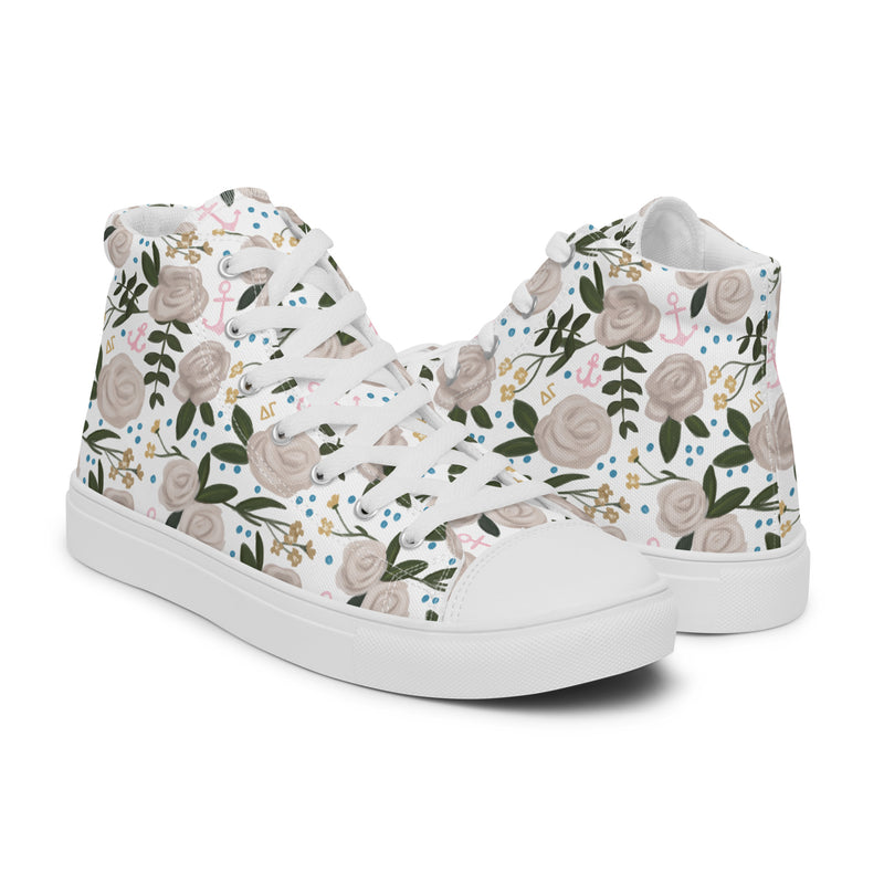 Delta Gamma Rose Floral Canvas High Tops, White shown in cross section view