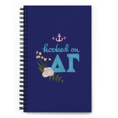 Delta Gamma Hooked on Dee Gee Spiral Notebook, Navy Blue shown full size with hand drawn design