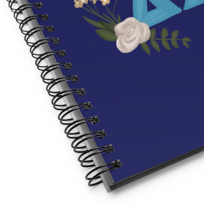 Delta Gamma Hooked on Dee Gee Spiral Notebook, Navy Blue showing close up view