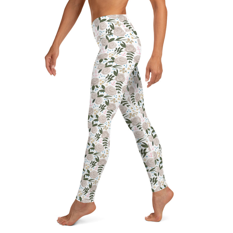 Delta Gamma Rose Floral Print Yoga Leggings, White showing side view