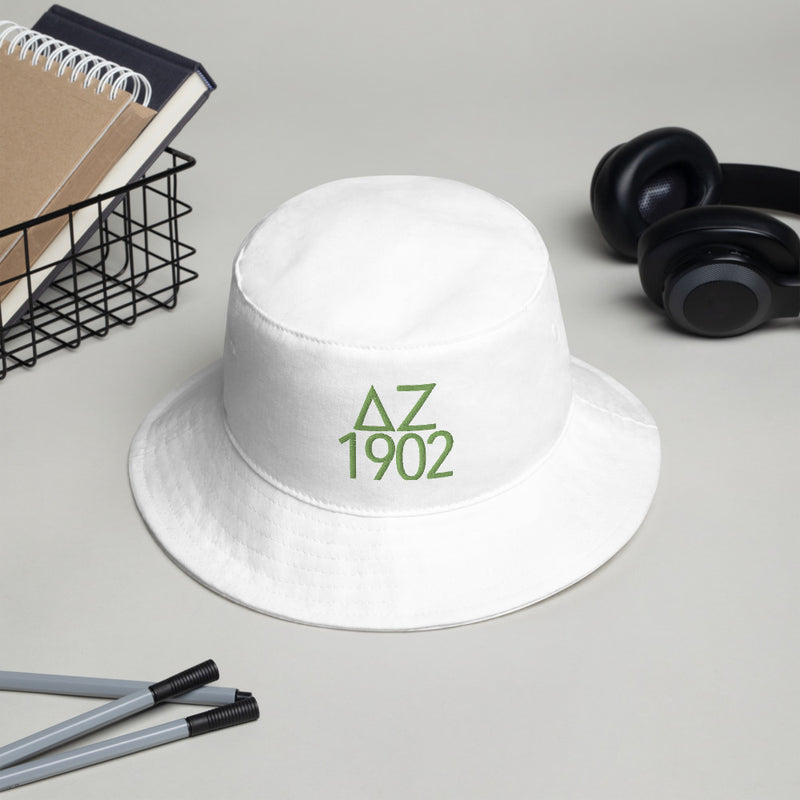 Delta Zeta 1902 Founding Date Bucket Hat in white shown in office