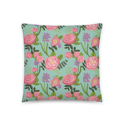 Delta Zeta Pink Rose Light Green Pillow showing product details and rose floral print