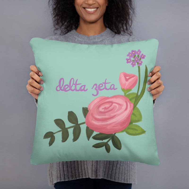 Delta Zeta Pink Rose Light Green Pillow in model&