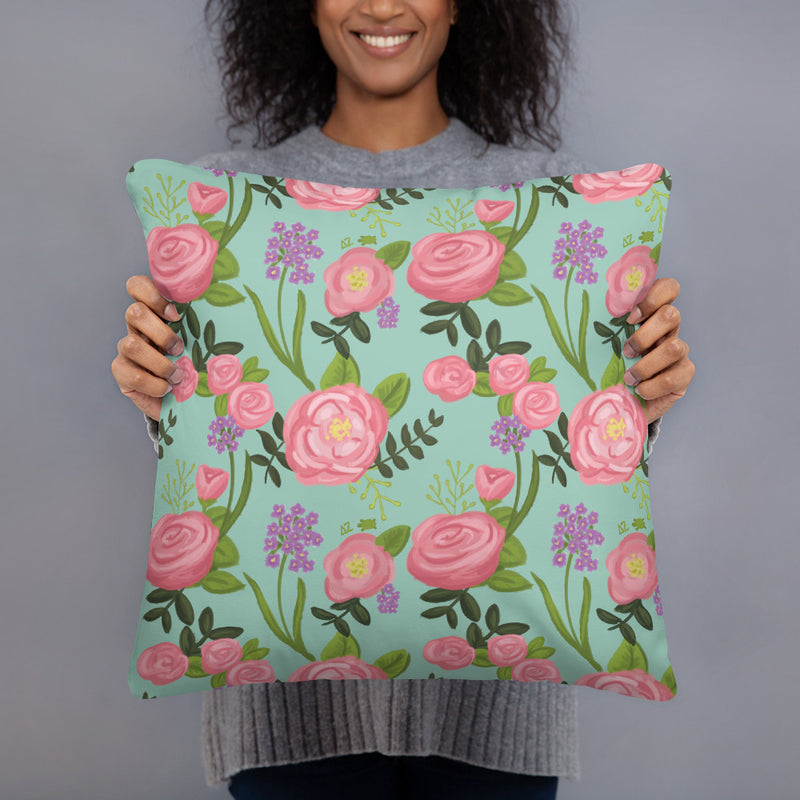 Delta Zeta Green Greek Letters Pillow showing rose floral print on back