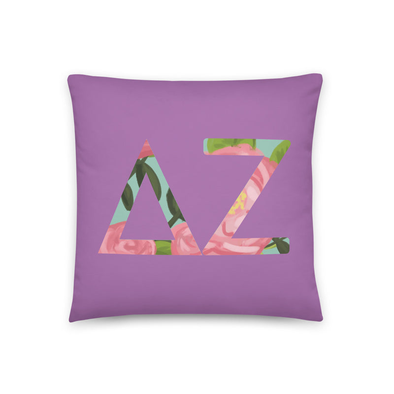 Delta Zeta Greek Letters Purple Pillow with floral print inside letters
