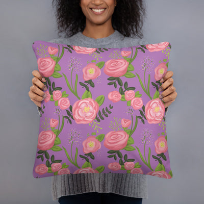 Delta Zeta Turtle Mascot Pillow showing rose floral print on back