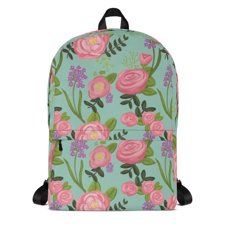 Front of Delta Zeta pink rose floral print backpack with light green background.