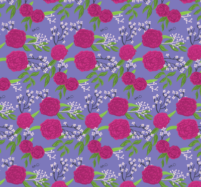 Phi Mu Carnation Floral Print in Purple showing hand-drawn Phi Mu design elements
