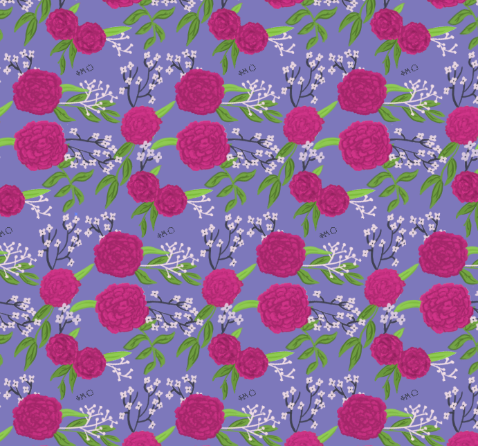 Phi Mu Carnation Floral Print in Purple showing hand drrawn Phi Mu design elements