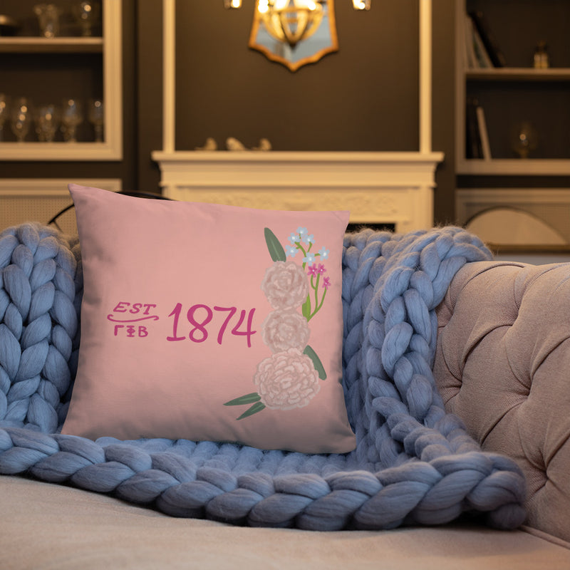 Gamma Phi Beta 1874 Founding Date Pillow shown on couch