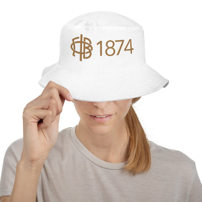 Gamma Phi Beta 1874 and Logo Bucket Hat in white shown on model