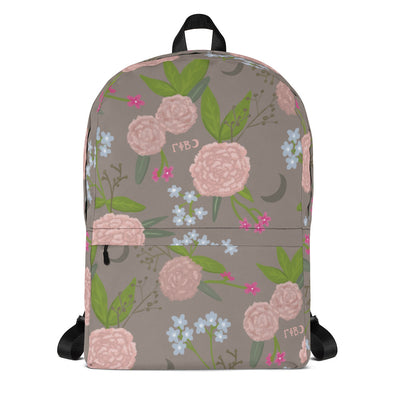 Gamma Phi Beta pink carnation print backpack with a mocha background.