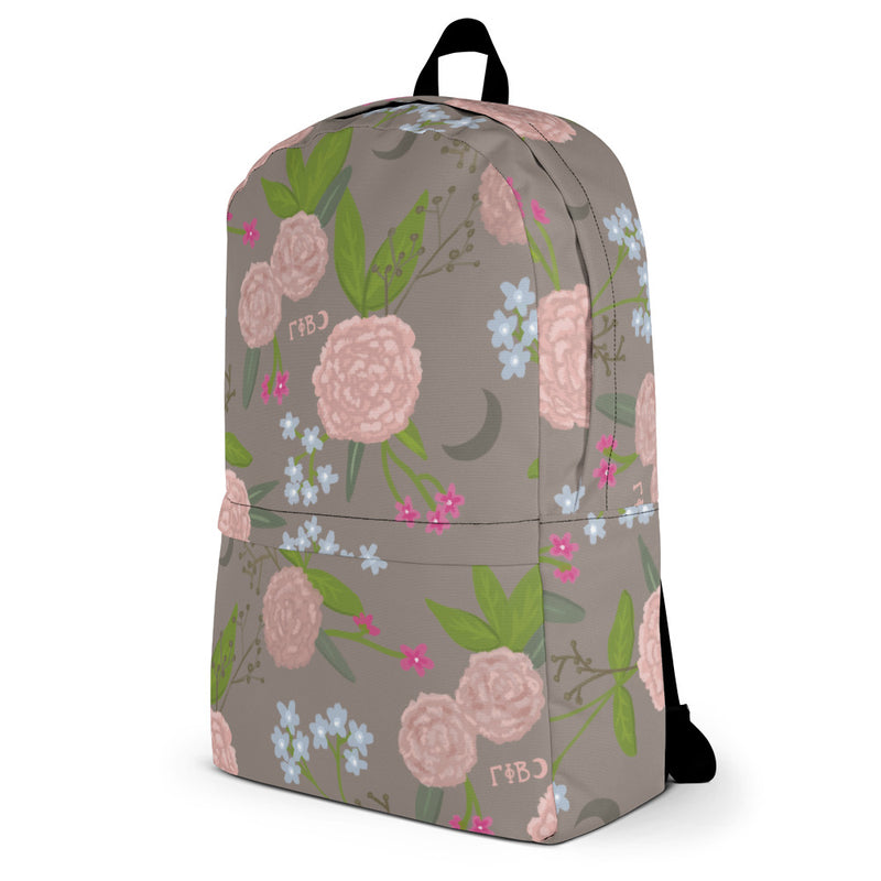 Right side view of Gamma Phi Beta Pink Carnation Print Backpack