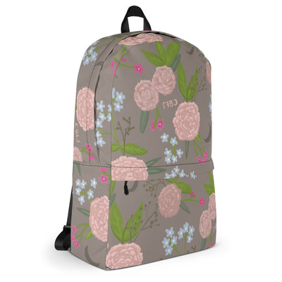 Left side view of Gamma Phi Beta Pink Carnation Print Backpack